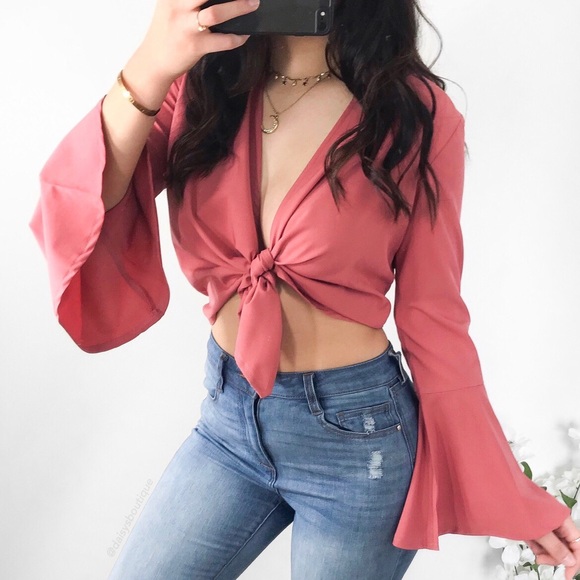 Daisys Boutique Tops - rose pink front tie bell sleeve crop top